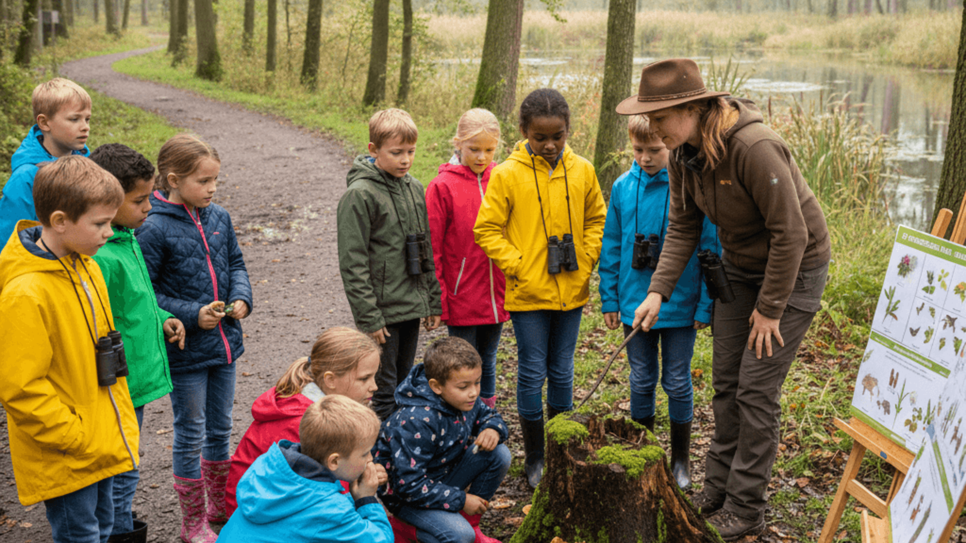 foto van groep leerlingen dat les krijgt in de natuur